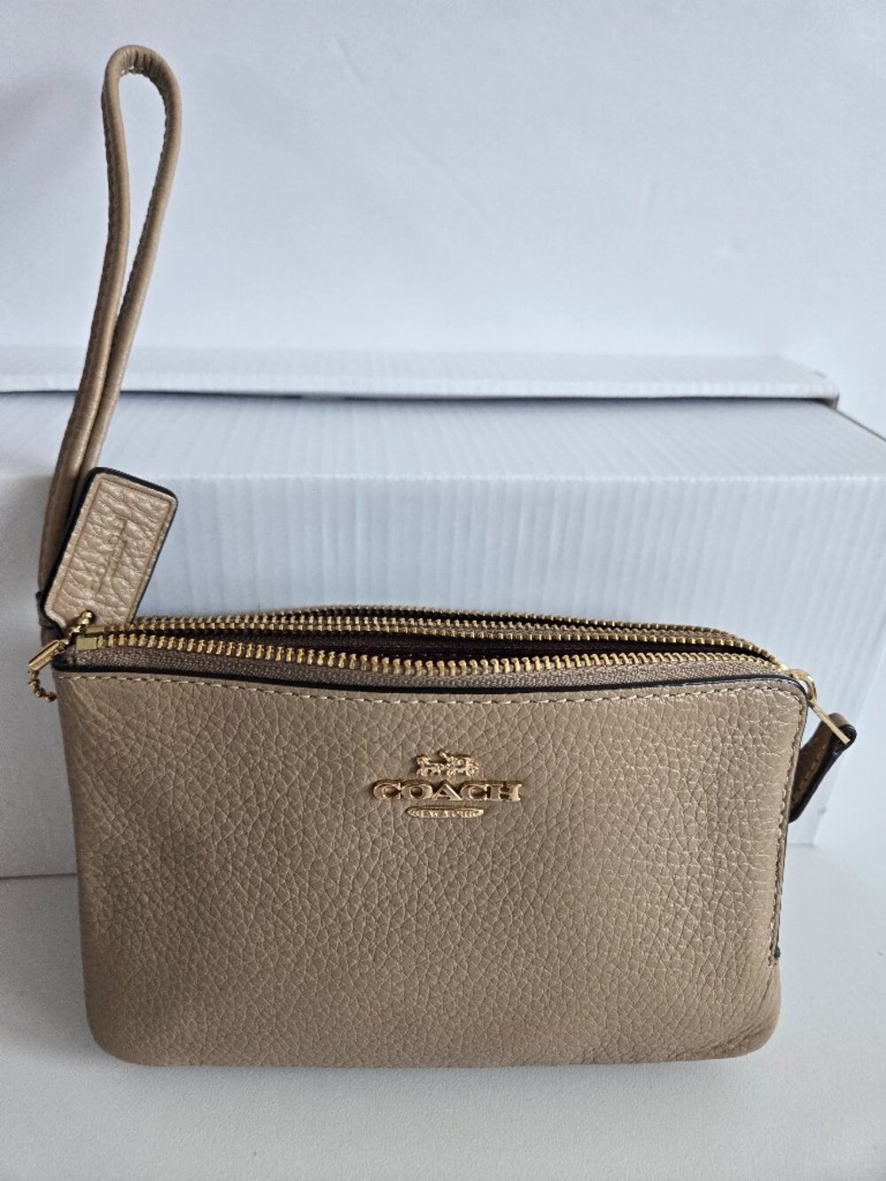 Coach Saddle Brown Pebbled Leather Double Zip Wrist with gold tone hardware *NEW